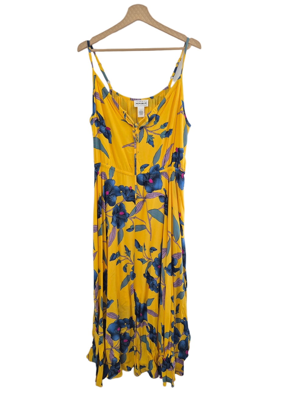 For The Republic Yellow Blue Floral Button Front Spaghetti Strap Maxi Dress Size